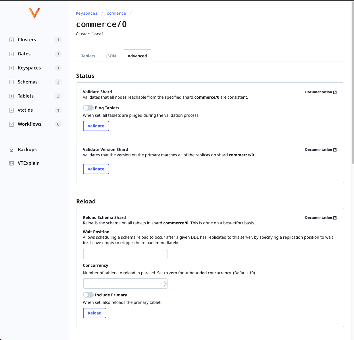 New UI showing keyspace commerce 0 and settings